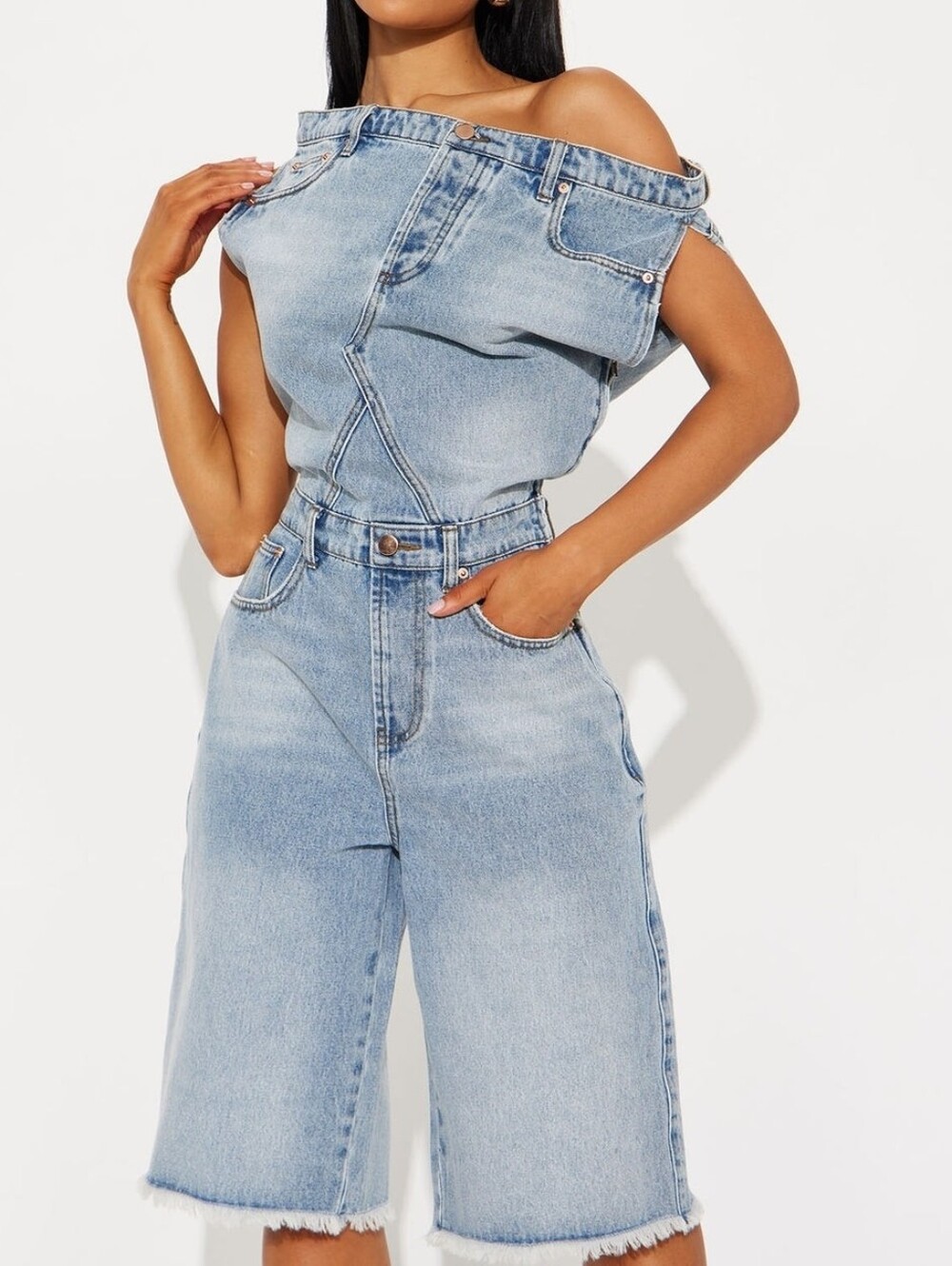 Light Blue Boyfriend Jeans Bermuda Shorts - Casual Off-Shoulder Denim